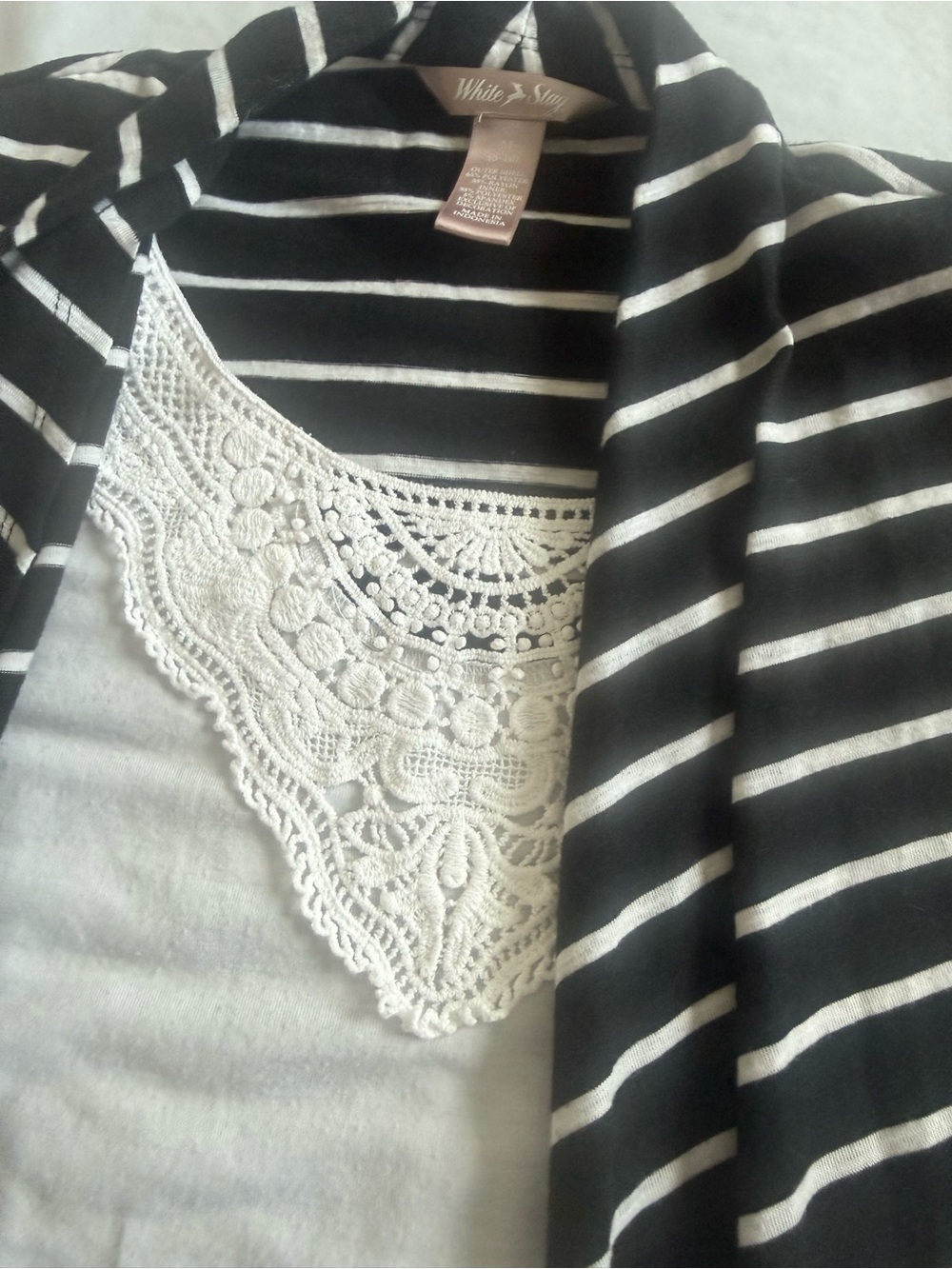 White & Sky Black and White Striped Cardigan with Lace Trim